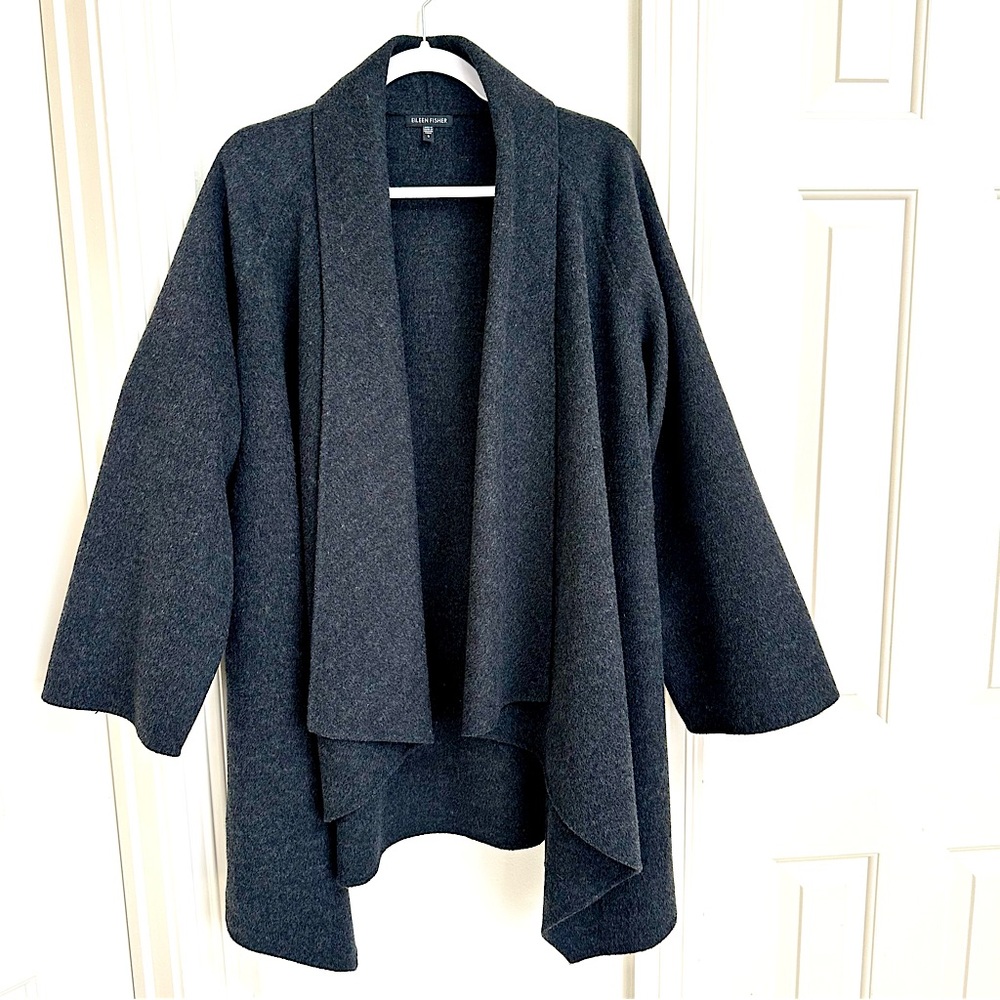 Eileen Fisher Charcoal Gray Wool Open Front Cardigan SweaterSize Small Pockets